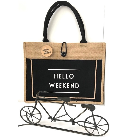 ❌SOLD❌ NWT HELLO WEEKEND Cute Burlap Tote - Picture 3 of 10